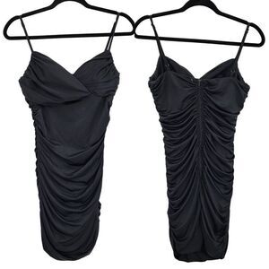 Vintage 80's Rubber Ducky Dress Formal Ruched Bodycon Spaghetti Satin Black M